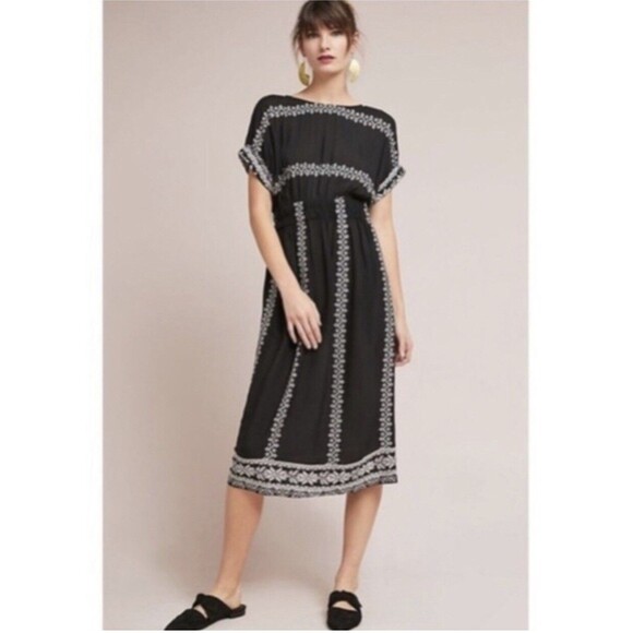 Anthro Corey Lynn Calter Jolene Embroidered Dress Medium  Black Crinkle Gauze - Picture 1 of 12